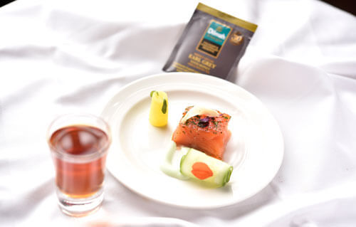 Perfect Ceylon Earl Grey with Honey paired with Home Cured Salmon, Wasabi Sour cream rolled cucumber