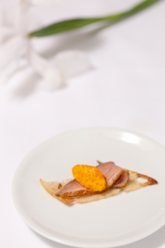 Pan Roasted Duck Breast with Mandarin on Crispy Ciabatta