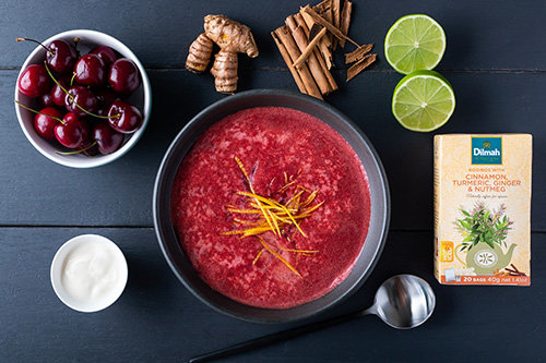 Cherry and Dilmah Cinnamon, Turmeric, Ginger and Nutmeg soup