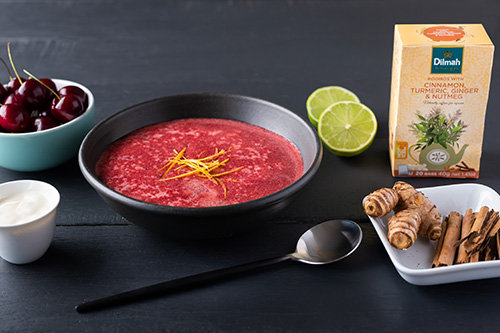 Cherry and Dilmah Cinnamon, Turmeric, Ginger and Nutmeg soup