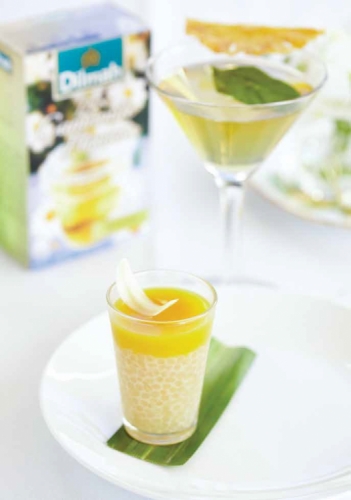 Chamomile and Mango Sago Pudding with White Chocolate Chamomile Petal