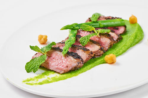 Moroccan Mint Tea Crusted Lamb, Pea Puree, Green Asparagus