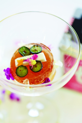 DILMAH ROSE & VANILLA TEA JELLY, KIWI & BLUEBERRY JELLY AND COCONUT GEL WITH ROSE SYRUP