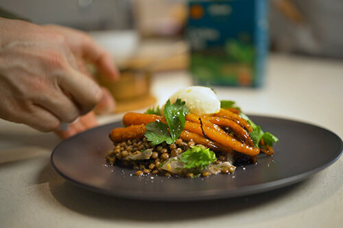 Carrots Cooked in Dilmah Premium Ceylon Tea, Puy Lentils, Soured Sour Cream