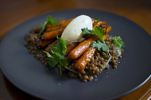 Carrots Cooked in Dilmah Premium Ceylon Tea, Puy Lentils, Soured Sour Cream