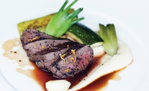 Cinnamon Tea and Citrus Crusted Venison Fillet, Roasted Courgettes and Fennel accompanied by a Jus of Cinnamon Tea and Juniper