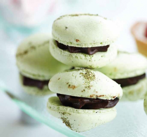 Chocolate and T-Series Pure Peppermint Leaves macarons
