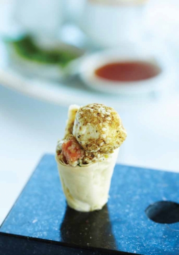 Filo Cone of Kibbeh Salmon, Tabouleh & Yoghurt & Dukkah Gelato