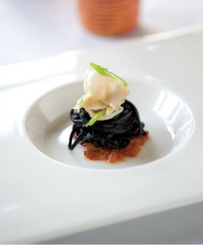 Tea Smoked Baby Abalone with Squid Ink Vermicelli, Tomato Confit and Sautéed Garlic and Shallots