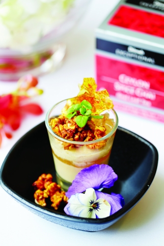 DILMAH EXCEPTIONAL SPICED CHAI PANNA COTTA, TOFFEE & DEEP FRIED POPCORN
