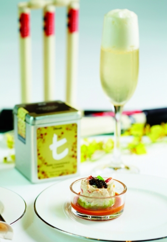 TIMBALE OF SOUS VIDE LOBSTER, SNOW CRAB AND CRUSHED AVOCADO GAZPACHO DRESSING AND CAVIAR PEARLS