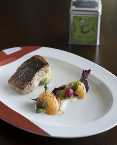 Pan-Fried Bass Served With Cauliflower Purée, Jasmine And Green Tea Infused Vegetables