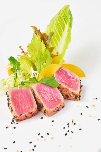 Tuna Tataki, Salad of Roasted Peach and Greens with Mango and Strawberry Infused