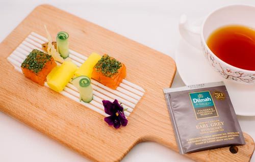 Dilmah Founder’s Anniversary Reserve Earl Grey with Honey Paired with Home Cured Salmon, Wasabi Sour Cream and Rolled Cucumber