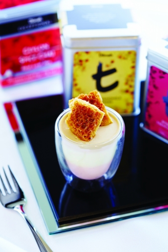 3 WAY TEA INFUSED PANNA COTTA OF CHAI, ROSE WITH FRENCH VANILLA AND CHAMOMILE TOPPED WITH A FRESH HONEYCOMB.