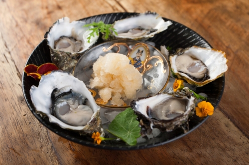 Elderflower with Cinnamon and Apple Granite and with Oysters