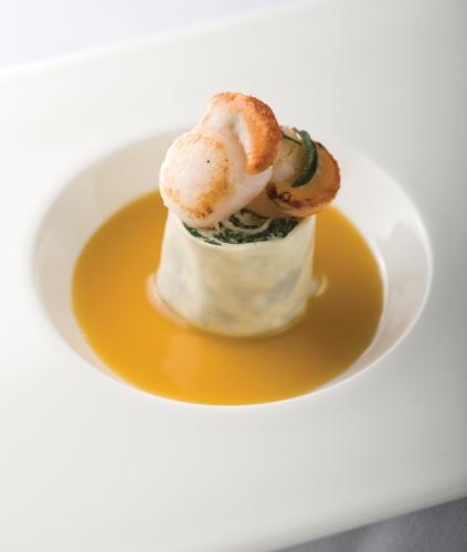 Spinach and Ricotta Rotolo with Seared Scallops, Sage and Valley of Kings Beurre Blanc