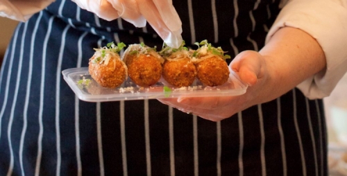 Duck croquettes with sticky Yandina ginger, Smoked Almonds and Lemon Balm