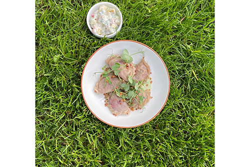 Green Tea Spring Dumplings with Vegetable Salad & Kefir Green Tea Sauce