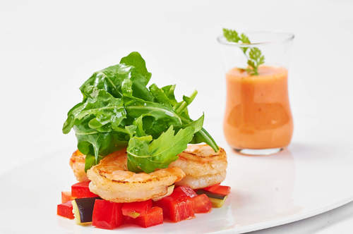 White Tomato Rose French Vanilla Gazpacho, Fresh Water Prawn and Arugula Salad