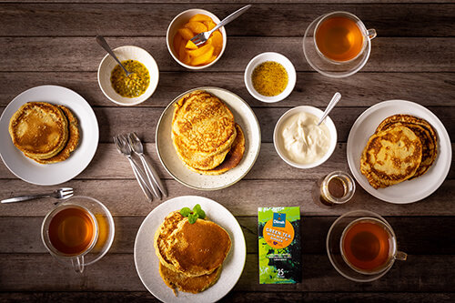 Dilmah Green Tea with Mint and Ginger Syrup, with Orange and Yoghurt Pancakes