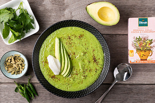 Chilled Pea and Avocado Soup with Dilmah Moringa, Chili, Cocoa and Cardamon