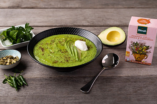 Chilled Pea and Avocado Soup with Dilmah Moringa, Chili, Cocoa and Cardamon