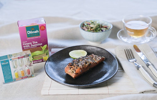 Dilmah green tea with jasmine crusted salmon