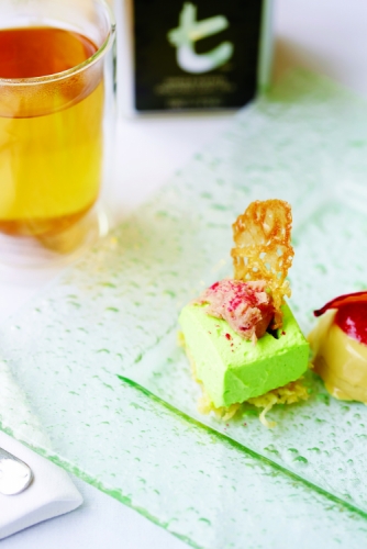 NO-BAKE PANDAN CHEESECAKE WITH RASPBERRY NAMA CHOCOLATE AND GINGER WAFFLE