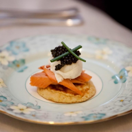 Uda Watte smoked Rainbow Trout, Caviar, Soft-Poached Quail Eggs, Chive Flower