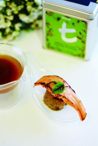 TORCHED SALMON, GREEN TEA AND PICKLED MUSHROOM DUMPLING WITH DILMAH JASMINE GREEN TEA MISO BROTH