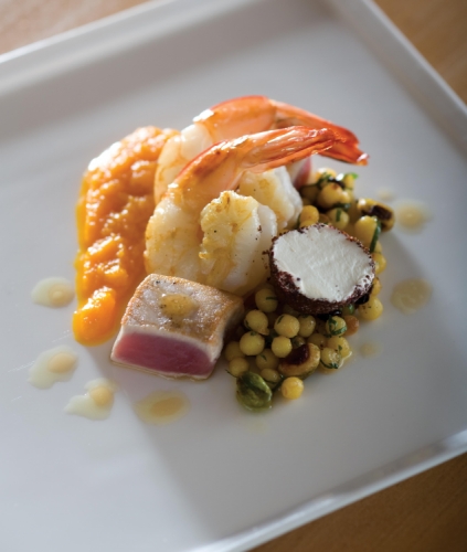Seared Tuna and Prawns with Mougrabieh, Carrot Puree and Arabian Mint Tea with Honey Dressing